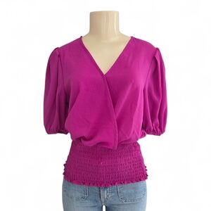 1.STATE Womens Small Fuchsia Smocked Waist Surplice Puff Sleeve Blouse Top